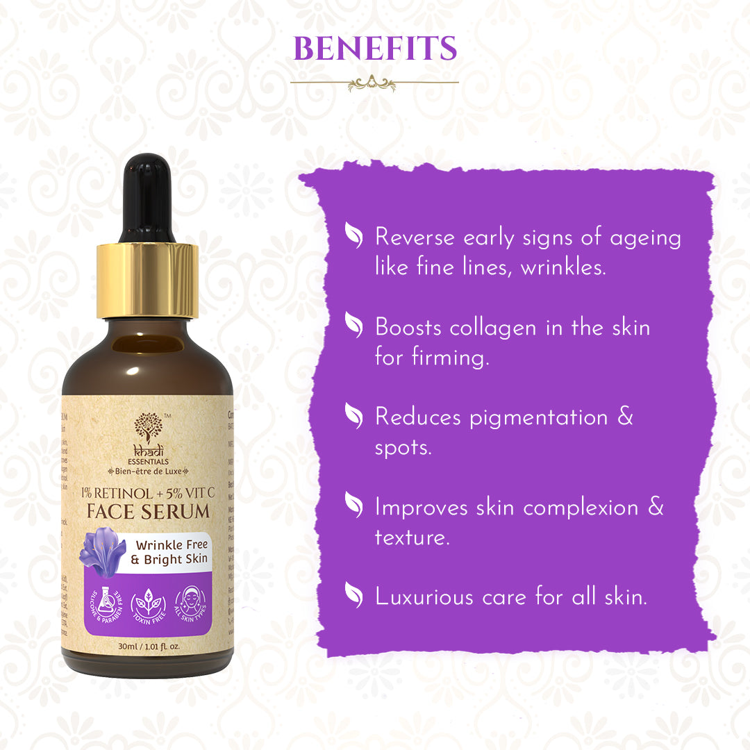 Retinol and Vitamin C Face Serum for Wrinkle Free, Glowing & Bright Skin