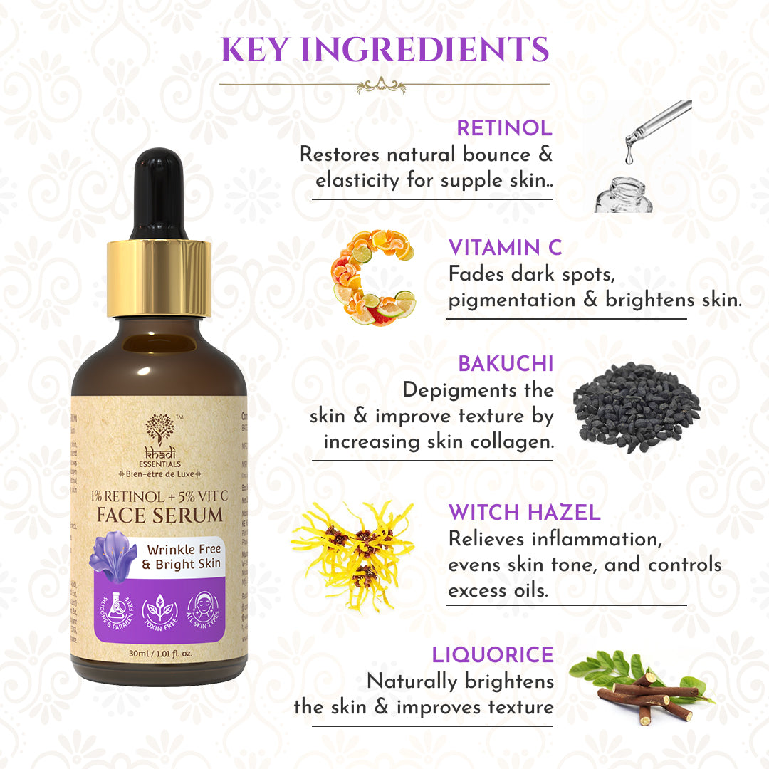 Retinol and Vitamin C Face Serum for Wrinkle Free, Glowing & Bright Skin