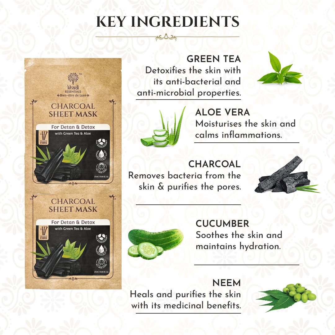 Charcoal & Green Tea Ayurvedic Serum Sheet Mask For Detan & Detox (Pack of 3)